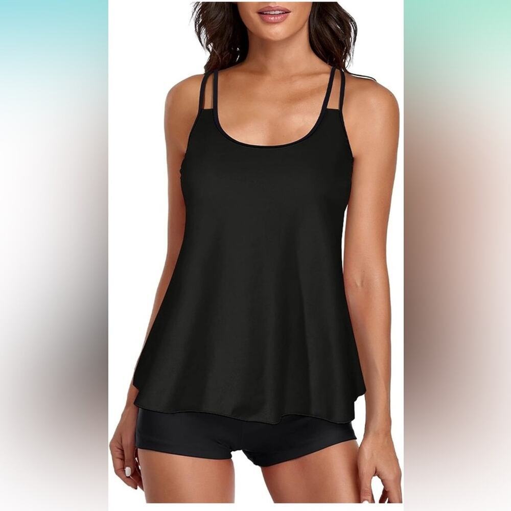 Urchics Black Tankini Swimsuit Tummy Control Flowy Boyshorts 2 Piece‎ NWT S